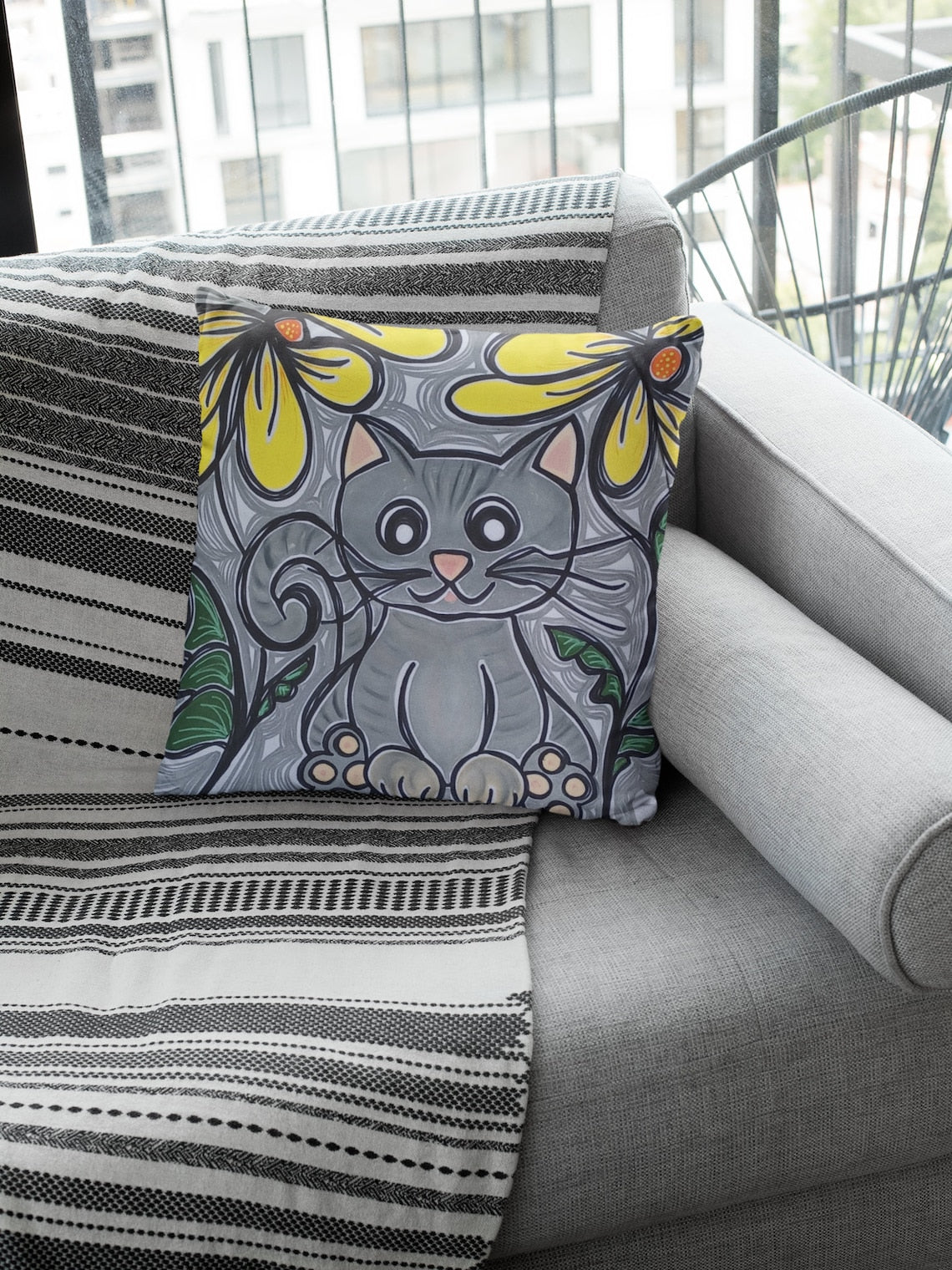 Square Cat Pillowcase Handmade Painted Crafted Cotton Canvas Gifts Home Decor