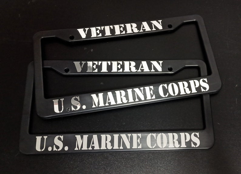 Set of 2 U.S. Marine Corps Veteran Car License Plate Frames Plastic or Aluminum Black Truck Parts Vehicle Accessories Auto Decor