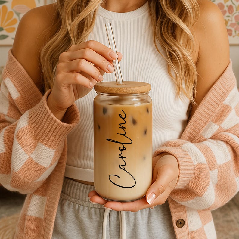 Personalized Iced Coffee Cup, Custom Glass with Bamboo Lid and Straw, Bridesmaid Gift, 16oz, Proposal, Wedding, Smoothies Tea Juice Tumblers, Custom Gifts
