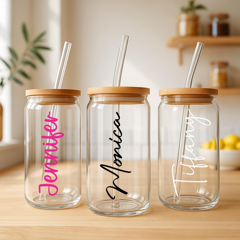 Personalized Iced Coffee Cup, Custom Glass with Bamboo Lid and Straw, Bridesmaid Gift, 16oz, Proposal, Wedding, Smoothies Tea Juice Tumblers, Custom Gifts