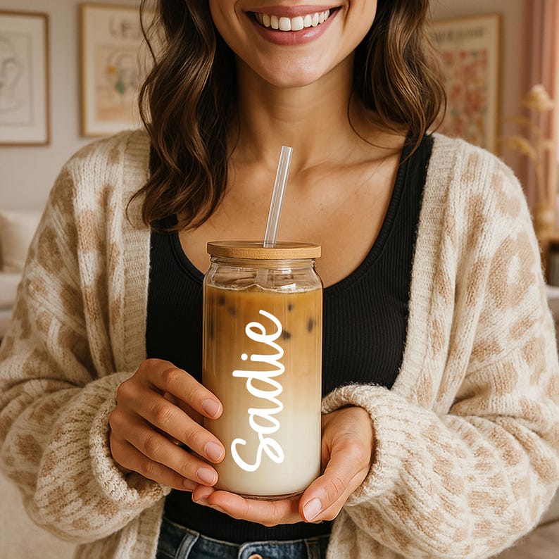 Personalized Iced Coffee Cup, Custom Glass with Bamboo Lid and Straw, Bridesmaid Gift, 16oz, Proposal, Wedding, Smoothies Tea Juice Tumblers, Custom Gifts