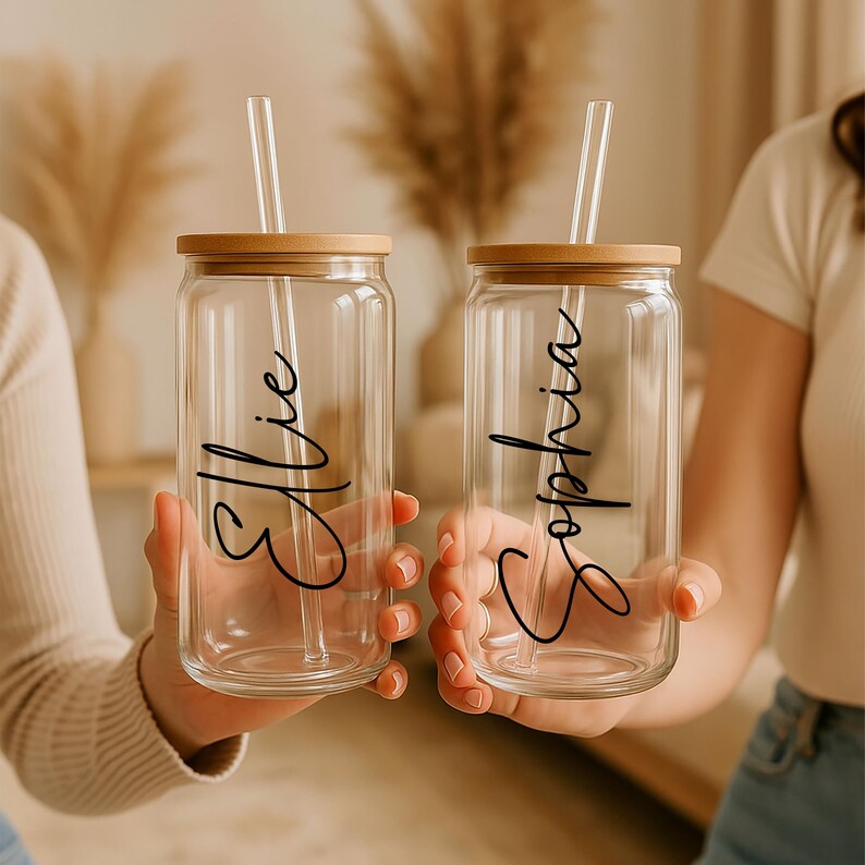 Personalized Iced Coffee Cup, Custom Glass with Bamboo Lid and Straw, Bridesmaid Gift, 16oz, Proposal, Wedding, Smoothies Tea Juice Tumblers, Custom Gifts