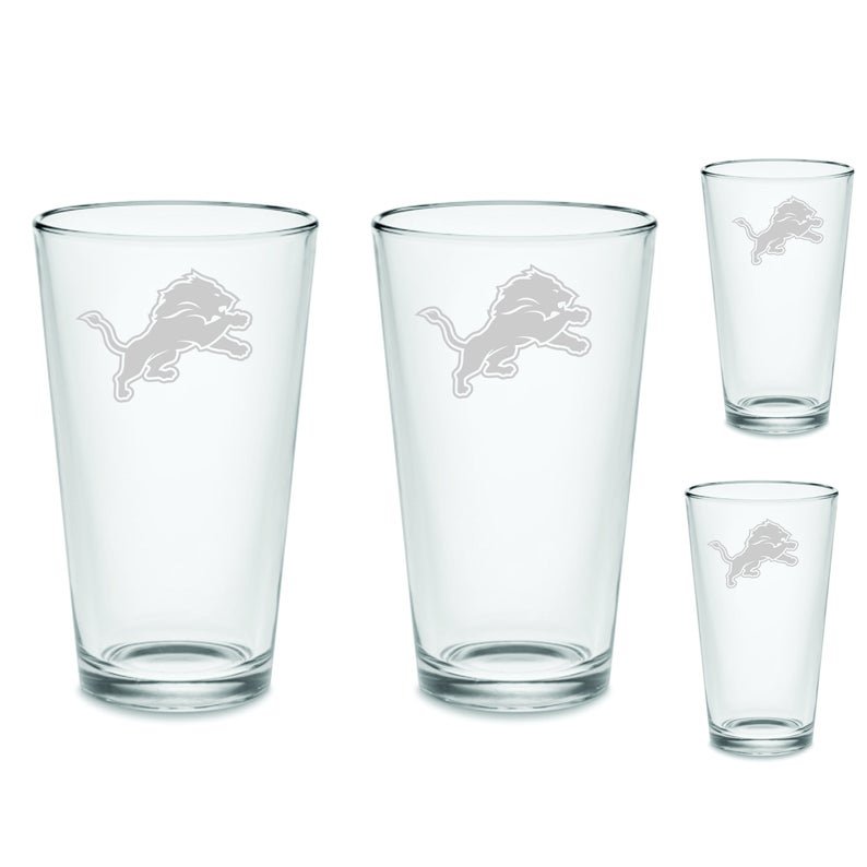 SET Detroit Lions Pint Beer Glasses Etched Tumblers Drinkware 16