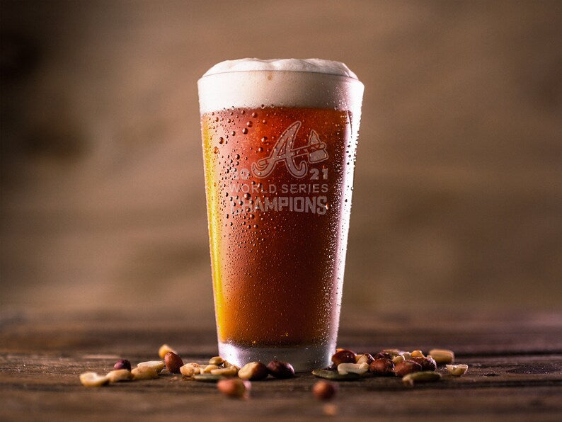 SET - Atlanta Braves World Series Champions 2021 Pint Pub Glasses Etched Tumbler Drinkware 16 oz. Cocktail Mixing Glass