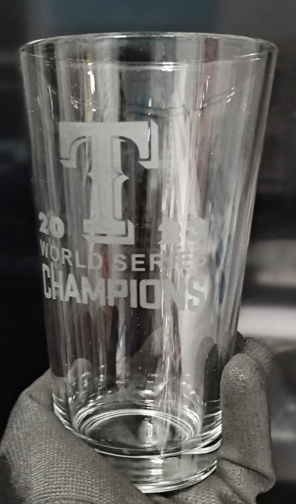 SET - Texas Rangers World Series Champions 2023 Pint Pub Glasses Etched Tumbler Drinkware 16 oz. Cocktail Mixing Glass