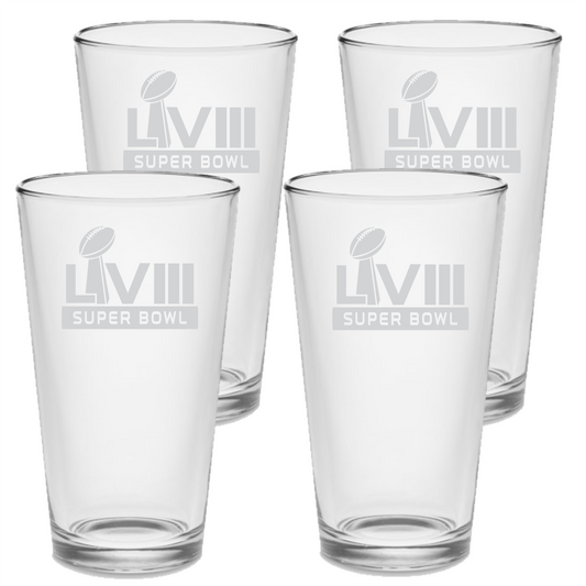 SET Super Bowl 58 - 2024 Custom Pint Beer Glasses Etched Tumblers Drinkware 16 oz. Cocktail Mixing Glass Football Party