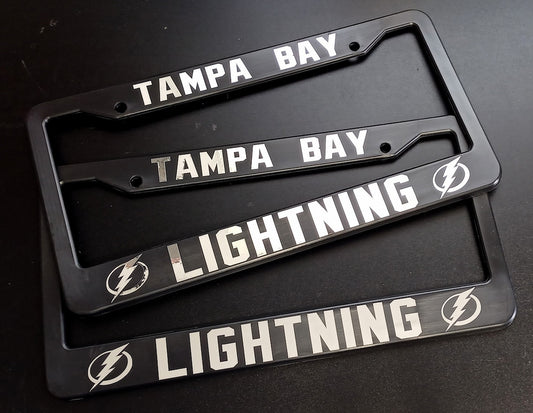 SET of 2 - Tampa Bay Lightning Black Plastic or Aluminum License Plate Frames Truck Car Van Décor Accessories New Vehicle Gifts Holder