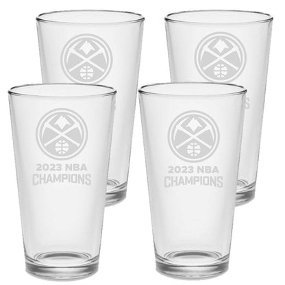 SET - Denver Nuggets Champions 2023 Pint Drinking Glasses Etched Tumbler Drinkware 16 oz. Cocktail Mixing Glass