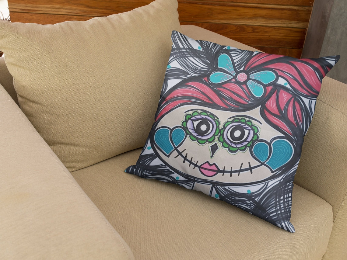 Square Pillowcase Catrina Handmade Painted Crafted Cotton Canvas Gifts Home Decor