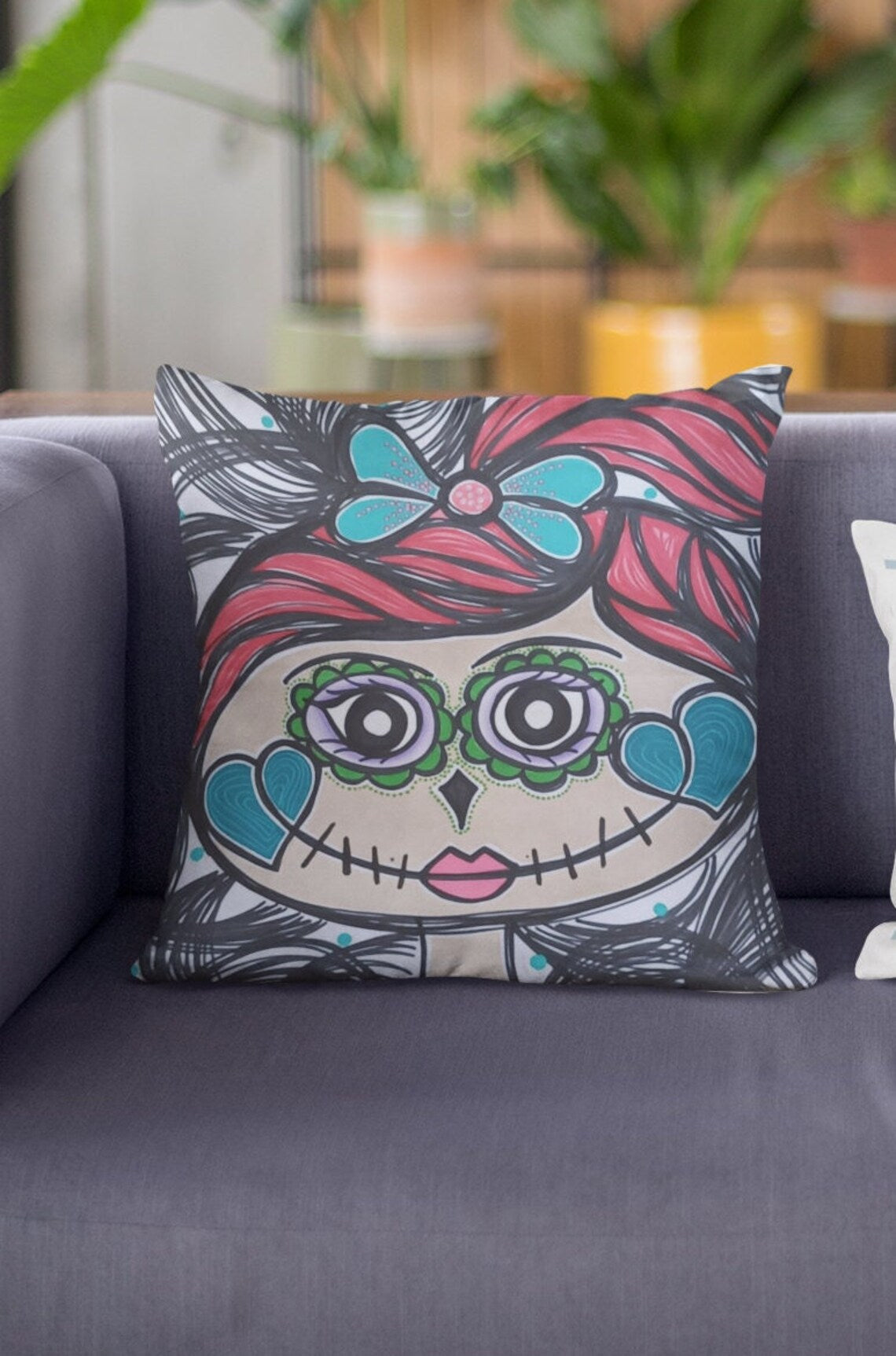 Square Pillowcase Catrina Handmade Painted Crafted Cotton Canvas Gifts Home Decor