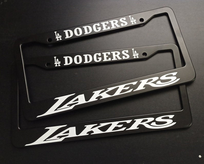 SET of 2 - Los Angeles Dodgers / Lakers Black Plastic or Aluminum License Plate Frames Truck Car Van Décor Accessories New Vehicle Gifts