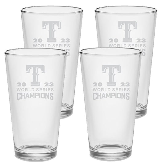 SET - Texas Rangers World Series Champions 2023 Pint Pub Glasses Etched Tumbler Drinkware 16 oz. Cocktail Mixing Glass