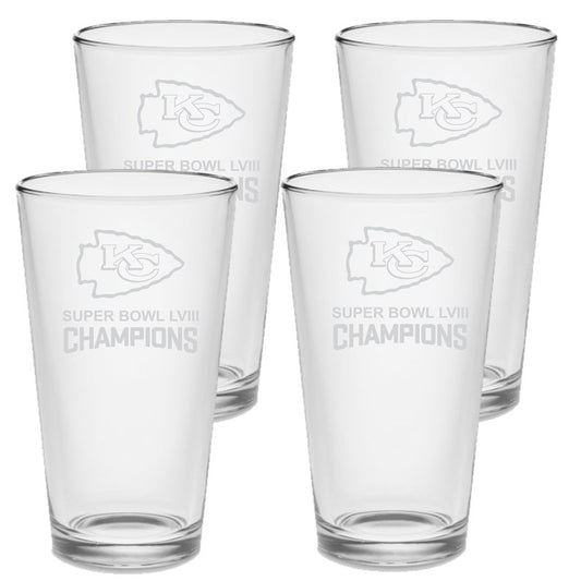 SET Kansas City Chiefs Super Bowl 58 Champions - 2024 Pint Beer Glasses Etched Tumblers Drinkware 16 oz. Cocktail Mixing Glass