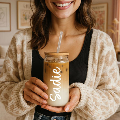 Personalized Iced Coffee Cup, Custom Glass with Bamboo Lid and Straw, Bridesmaid Gift, 16oz, Proposal, Wedding, Smoothies Tea Juice Tumblers, Custom Gifts