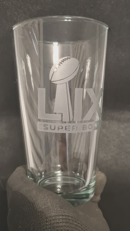 SET Super Bowl 59 - 2025 Custom Pint Beer Glasses Etched Tumblers Drinkware 16 oz. Cocktail Mixing Glass Football Party