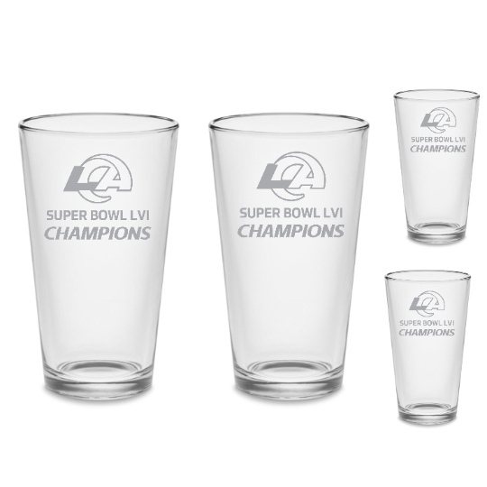 SET - Super Bowl 56 Los Angeles Rams Champions Custom Pint Pub Glasses Etched Tumblers 16 oz. Cocktail Mixing Glass