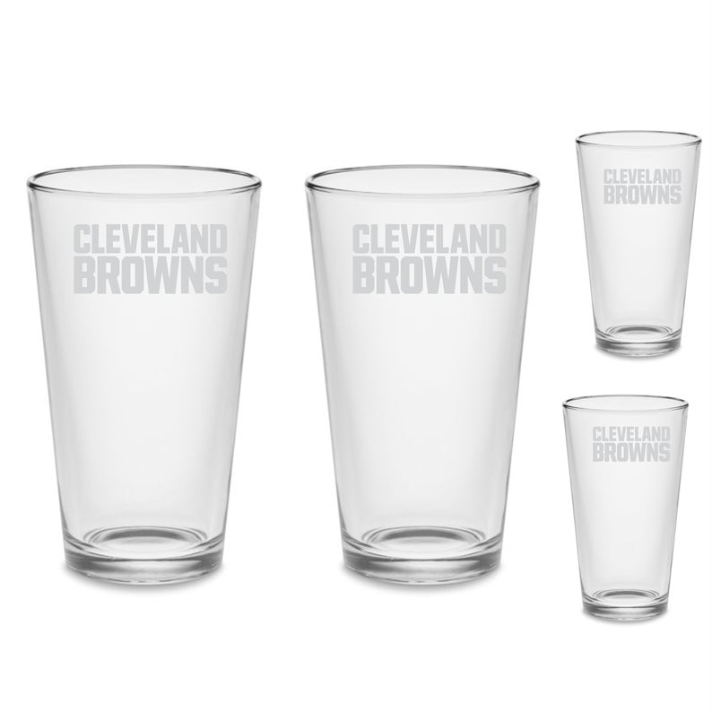 SET - Cleveland Browns Custom Pint Beer Glasses Etched Tumblers Drinkware 16 oz. Cocktail Mixing Glass