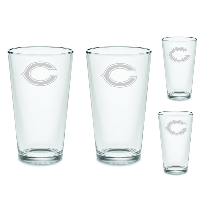SET - Chicago Bears Pint Beer Glasses Etched Tumblers Drinkware 16 oz. Cocktail Mixing Glass