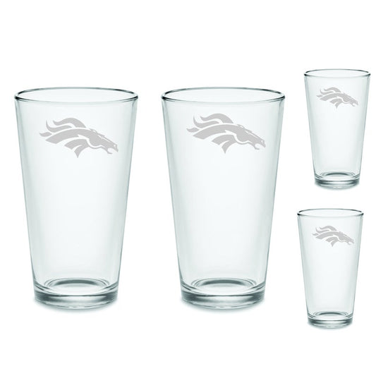SET Denver Broncos Pint Beer Glasses Etched Tumblers Drinkware 16 oz. Cocktail Mixing Glass