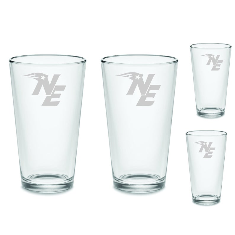 SET New England Patriots Pint Drinking Glasses Etched Tumbler Drinkware 16 oz. Cocktail Mixing Glass