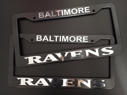 Set of 2 Baltimore Ravens Black Plastic or Aluminum License Plate Frames Truck Car Van Décor Accessories New Vehicle Gifts Holders