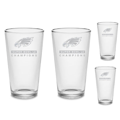 SET Philadelphia Eagles Super Bowl 52 Champions Pint Glasses Etched Tumbler Drinkware 16 oz. Cocktail Mixing Glass