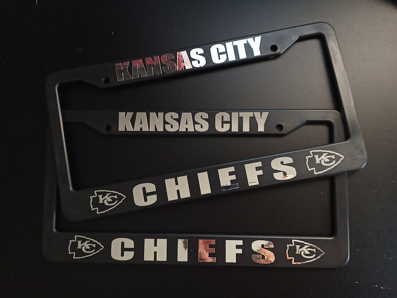 Set of 2 - Kansas City Chiefs Car License Plate Frames Black Plastic or Aluminum Truck Van Décor Car Accessories Vehicle Parts