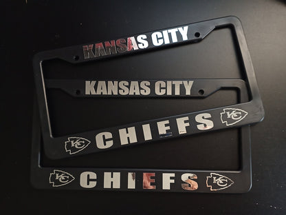 Set of 2 - Kansas City Chiefs Car License Plate Frames Black Plastic or Aluminum Truck Van Décor Car Accessories Vehicle Parts