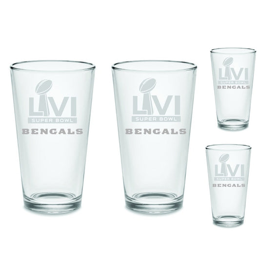 SET - Super Bowl 56 Cincinnati Bengals Custom Pint Beer Glasses Etched Tumblers Drinkware 16 oz. Mixing Glass