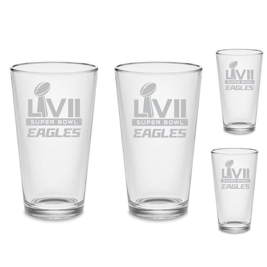 SET - Philadelphia Eagles Super Bowl 57 2023 Pint Beer Glasses Etched Drinkware 16 oz. Cocktail Mixing Glass