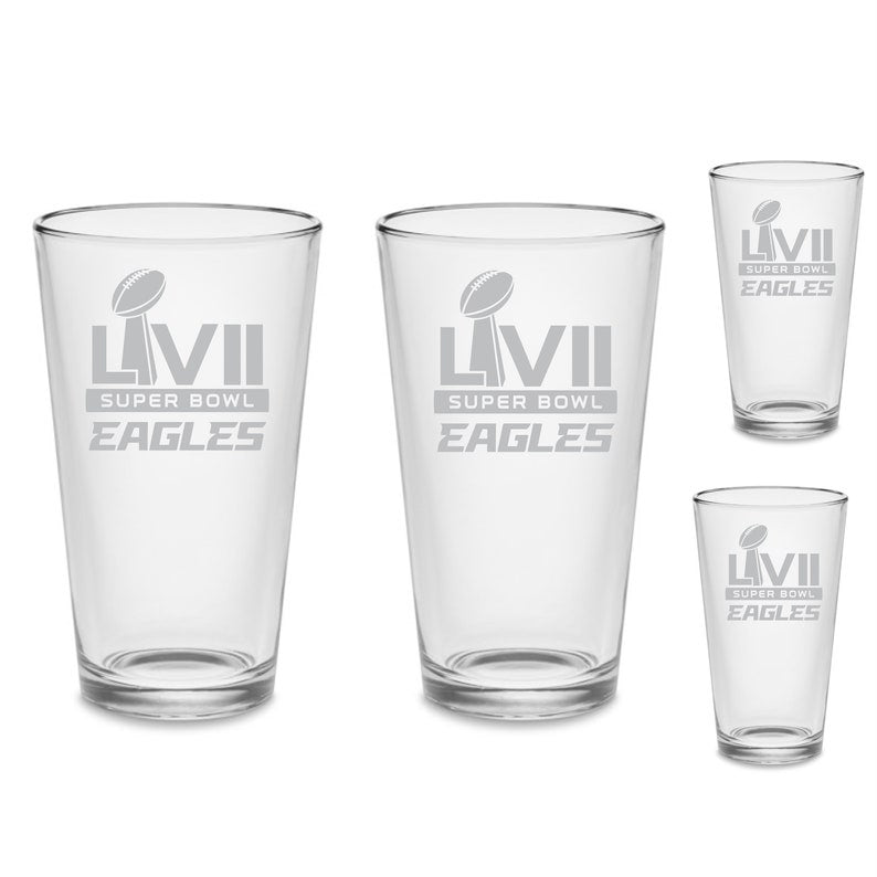 SET - Philadelphia Eagles Super Bowl 57 2023 Pint Beer Glasses Etched Drinkware 16 oz. Cocktail Mixing Glass