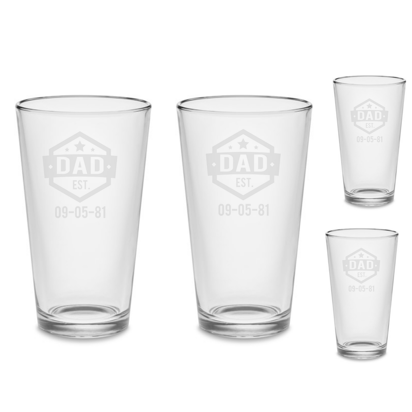 SET Dad Established Custom Pint Beer Glasses Tumblers Drinkware 16 oz. Cocktail Mixing Glass Gifts
