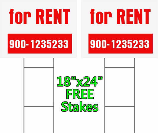 - Set of 2 - Yard Signs "For Rent" FREE Stakes - Commercial Signs