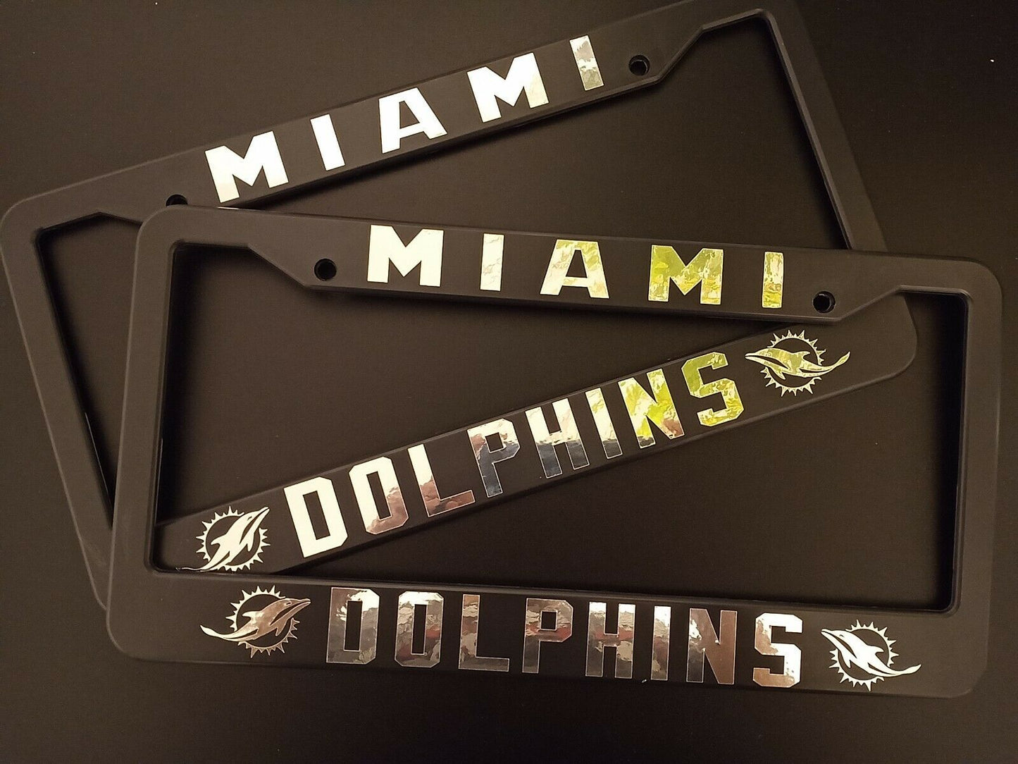 Set of 2 Miami Dolphins Plastic or Aluminum Car License Plate Frames Black Truck Parts Vehicle Accessories Auto Decor